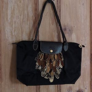Longchamp Black Tote with Feather Embroidery in Brown and Gold Tones